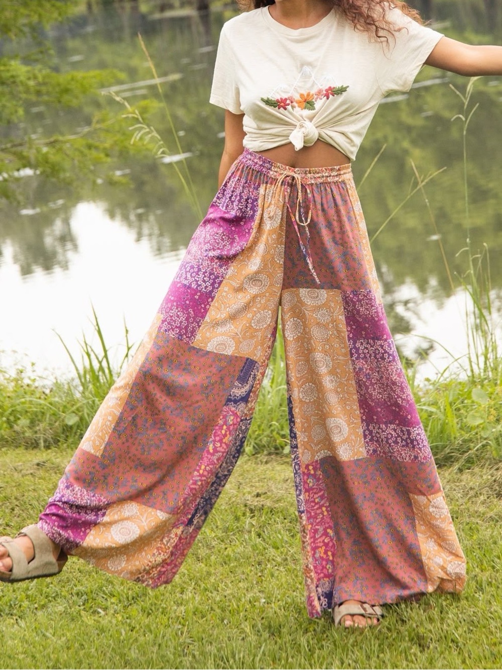 NATURAL LIFE Patchwork Wide-Leg Pants in Pink & Orange
